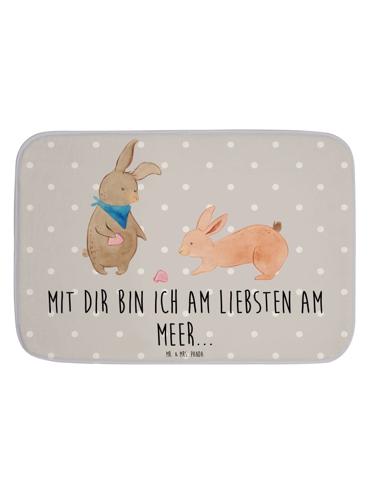 Badezimmermatte Hasen Muschel mit Spruch in Grau Pastell