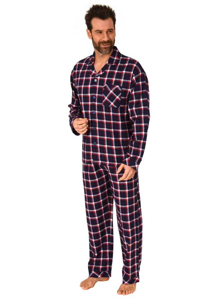 Durchknöpfbare FlanellPyjama KaroMuster - 75006 in marine
