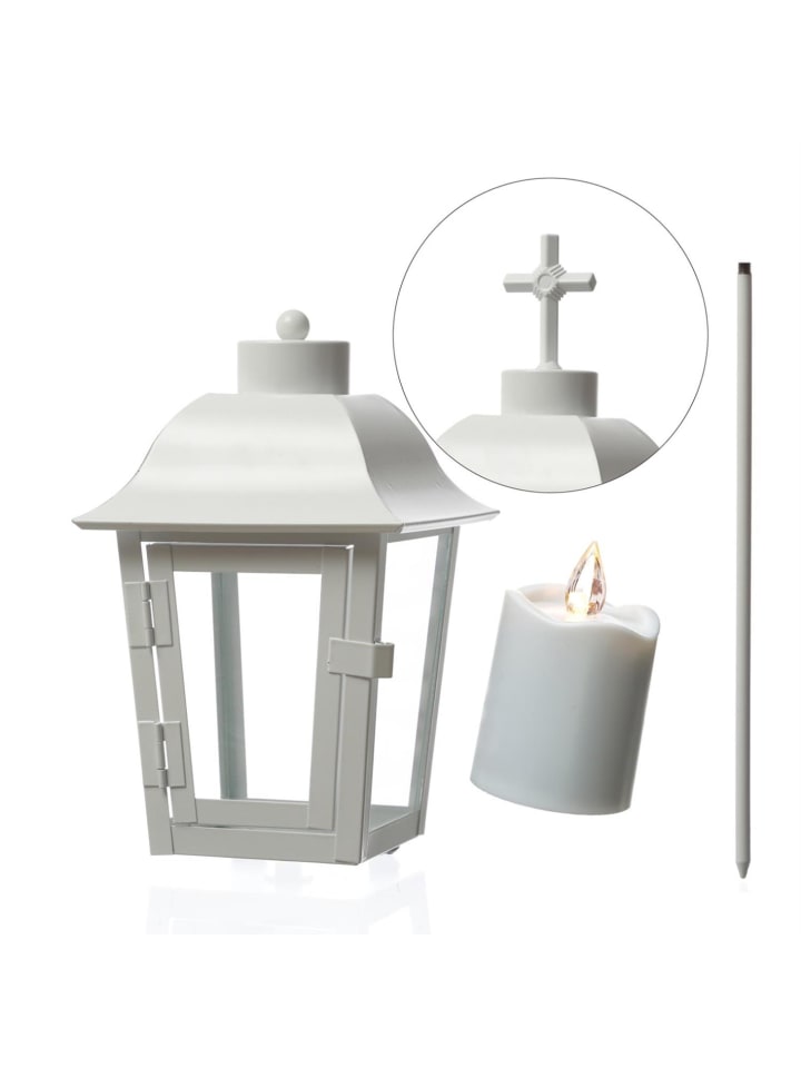 Laterne mit weißer Mini LED Kerze mit Sensor Grablaterne H: 51cm in weiß