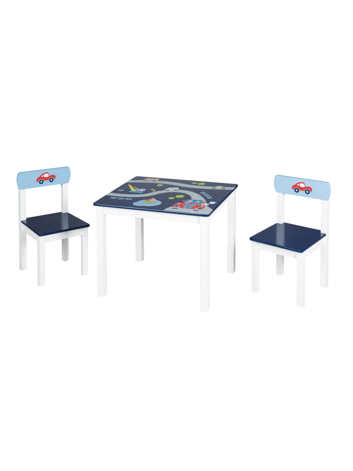 Rennfahrer' Sitzgruppe, 2 Kinderstühle & Tisch, blau mit Motiven