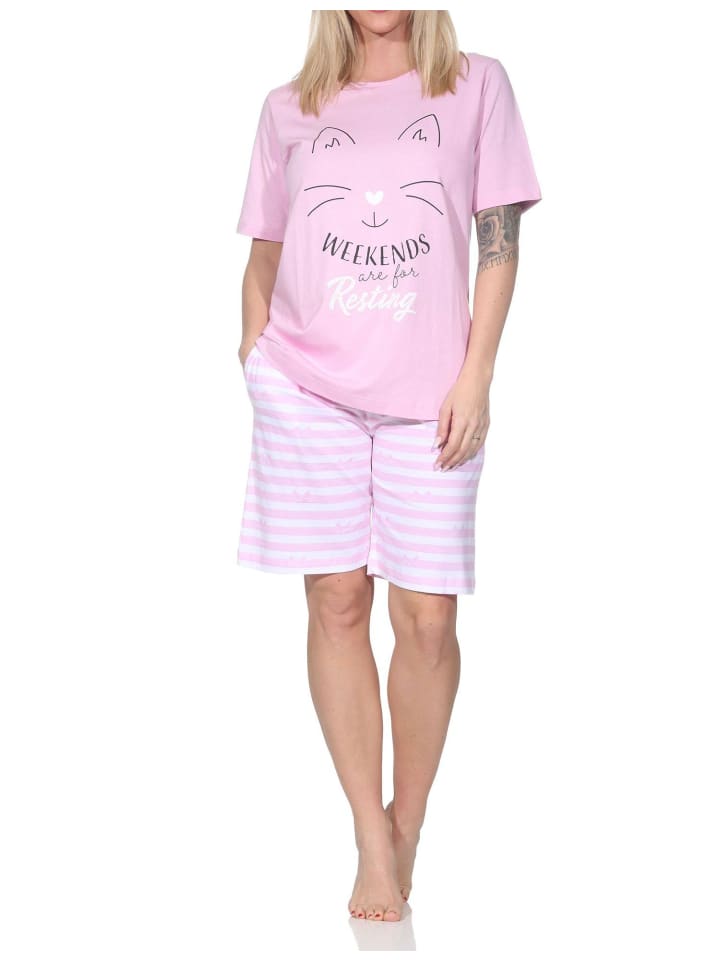 Kurzarm Schlafanzug Shorty Pyjama Katzen Optik Übergröße 125 205 380 in rosa