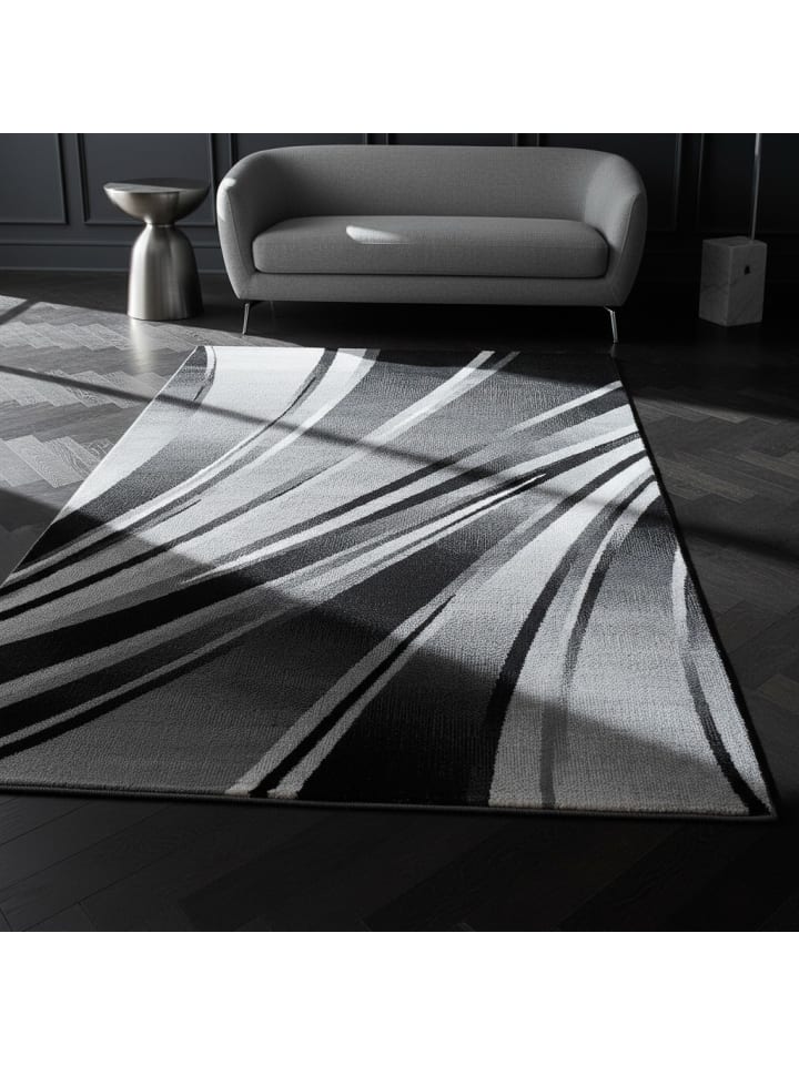 Teppich Kurzflor Waschbar Wellen DRAU Strapazierfähig OEKO-TEX in Schwarz