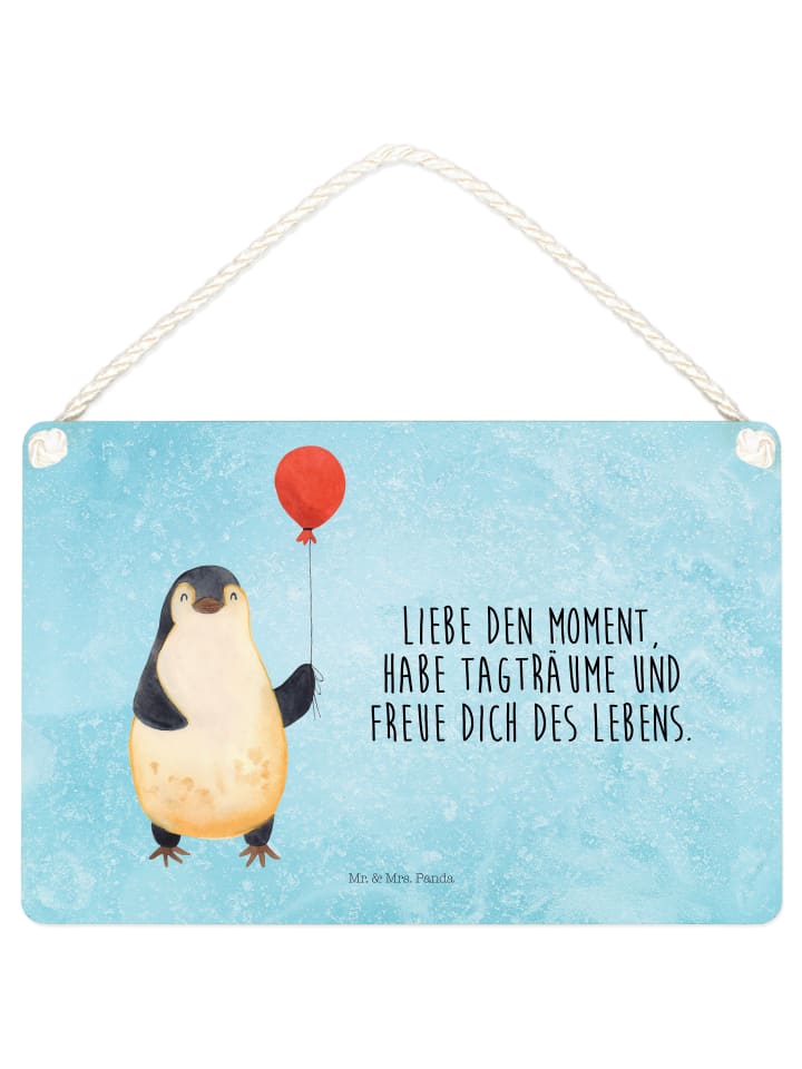 Wandbild Holz Pinguin Luftballon mit Spruch in Eisblau