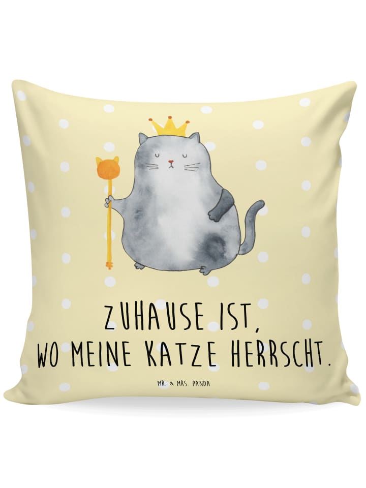 Kopfkissen Katze König mit Spruch in Gelb Pastell