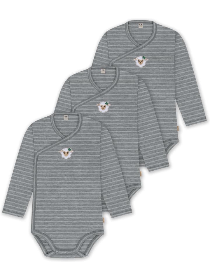 3er Pack Merino Baby-Body in Grau gestreift