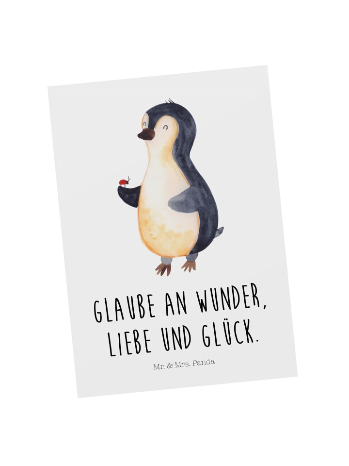 Postkarte Pinguin Marienkäfer mit Spruch in Weiß