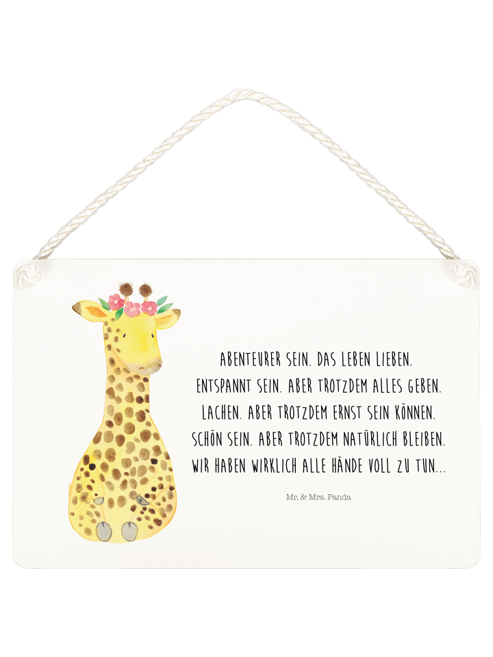 Holzbild Giraffe Blumenkranz mit Spruch in Weiß