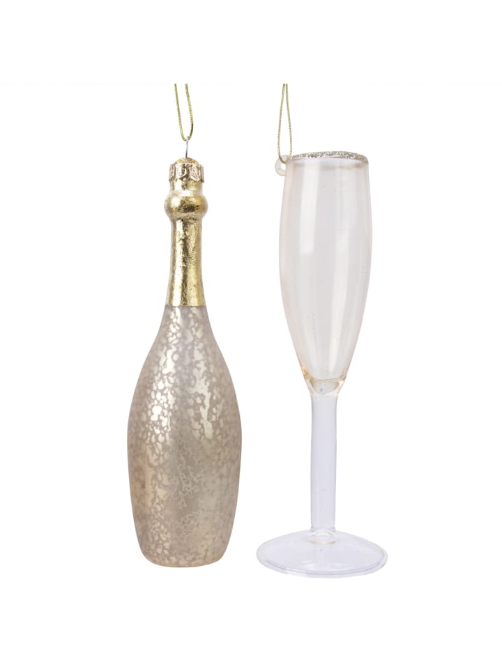 2er Set Weihnachtsbaumschmuck CHAMPAGNER Flasche und Glas in gold