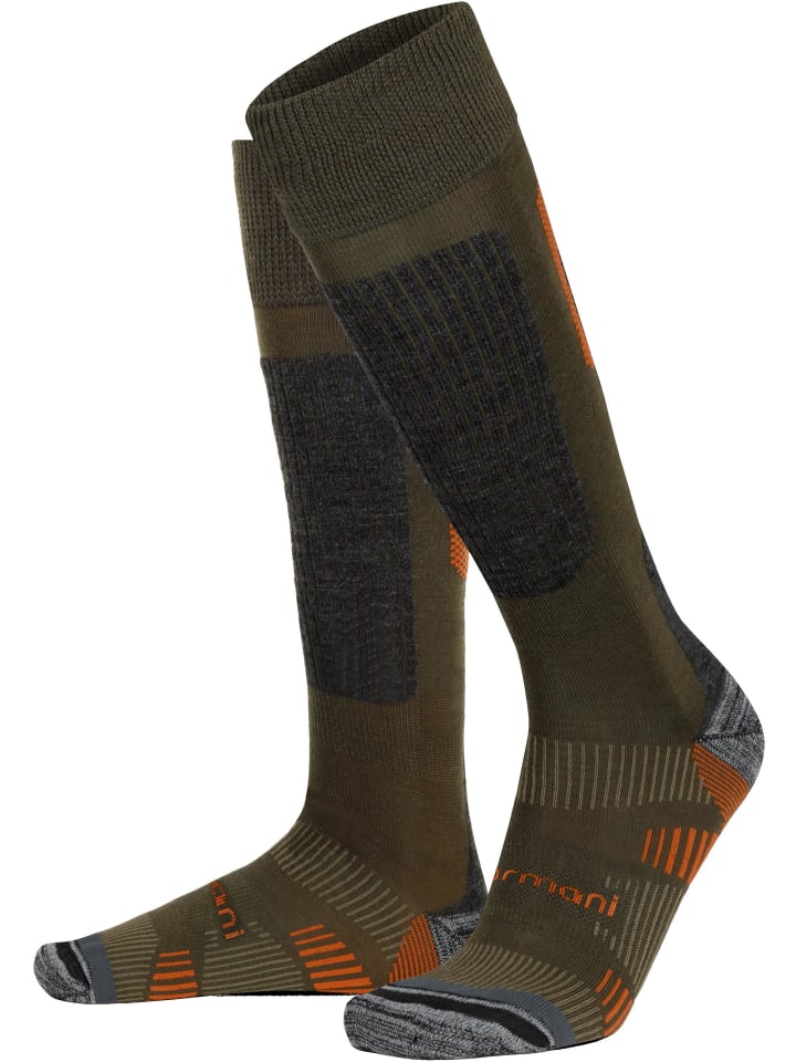 2 bequeme Merino Trekking Kniestrümpfe mit Frotteesohle in Oliv