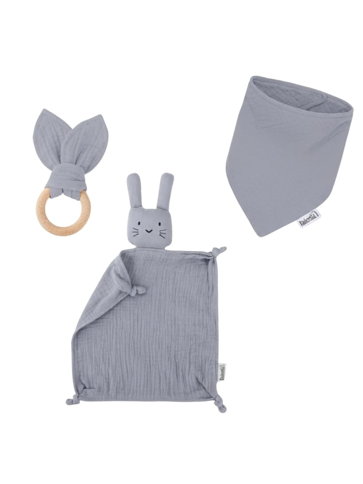 Baby Geschenkset Schmusetuch Hase, Holz-Beißring & Halstuch in Grau-Blau