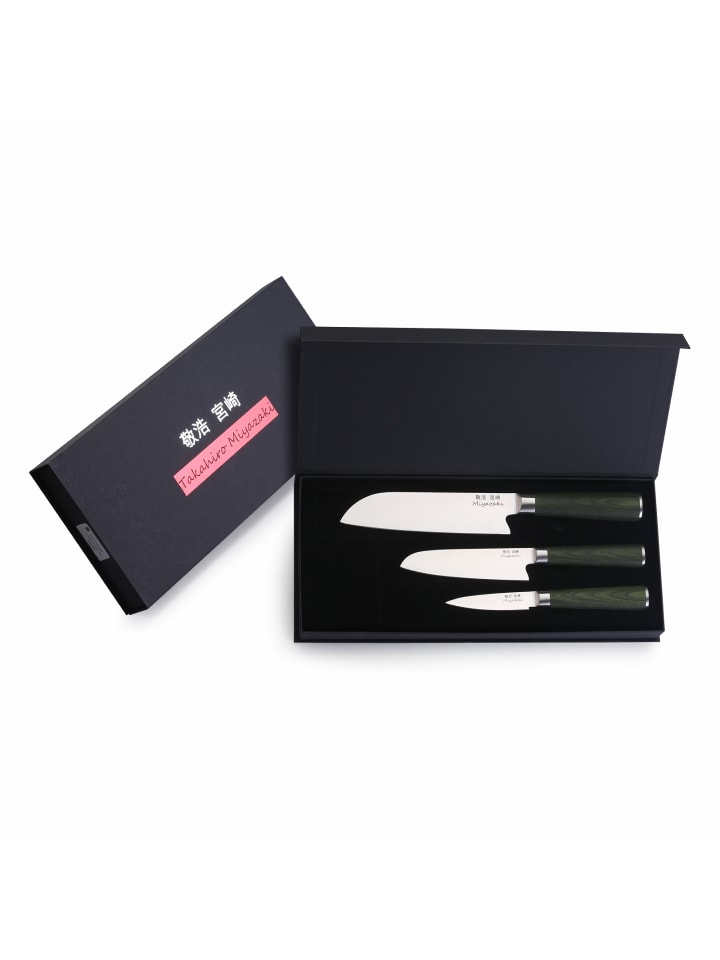 Miyazaki Kodawari 3 tlg. Santokumesser set, Griff aus Pakkaholz grün