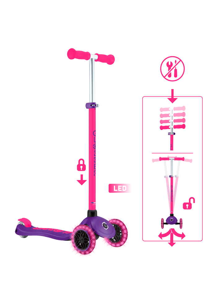 Scooter PRIMO PLUS NEON LIGHTS Roller in neon pink, mit Leuchtrollen