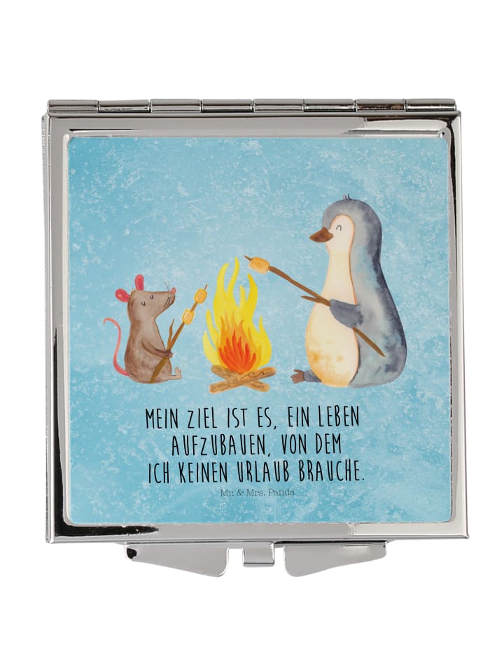 Make-up-Spiegel Pinguin Lagerfeuer mit Spruch in Eisblau