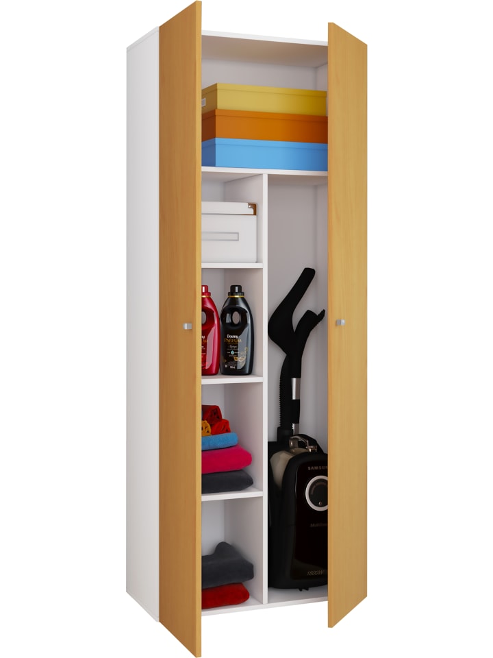Holz Besenschrank Staubsauger Putzschrank Vandol K in Weiß / Buche