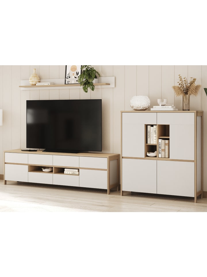 Wohnwand weiß, Eiche Wohnkombination skandinavisch 3-teilig 319 cm, Soft-Close