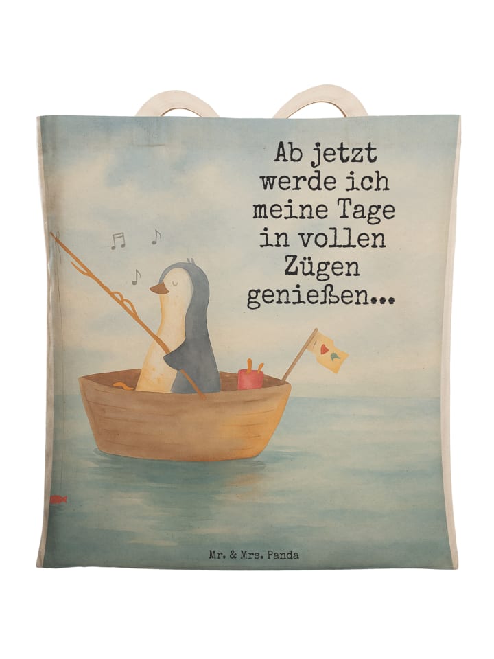 Stofftasche Pinguin Angelboot Design mit Spruch in Weiß