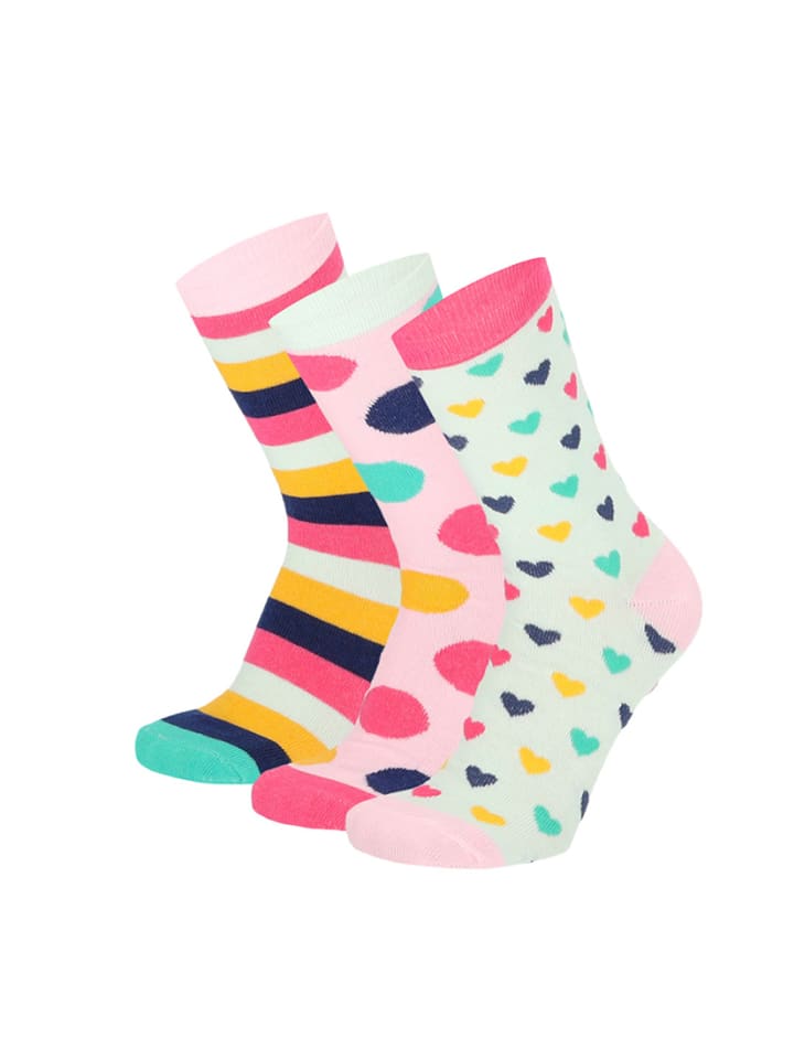Damen Socken 3er Pack Herzen Streifen Punkte in Pink