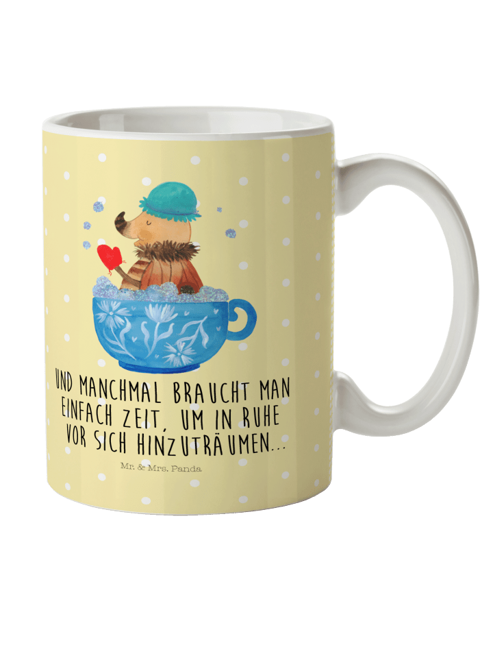 Tasse Nachtfalter Schaumbad mit Spruch in Gelb Pastell