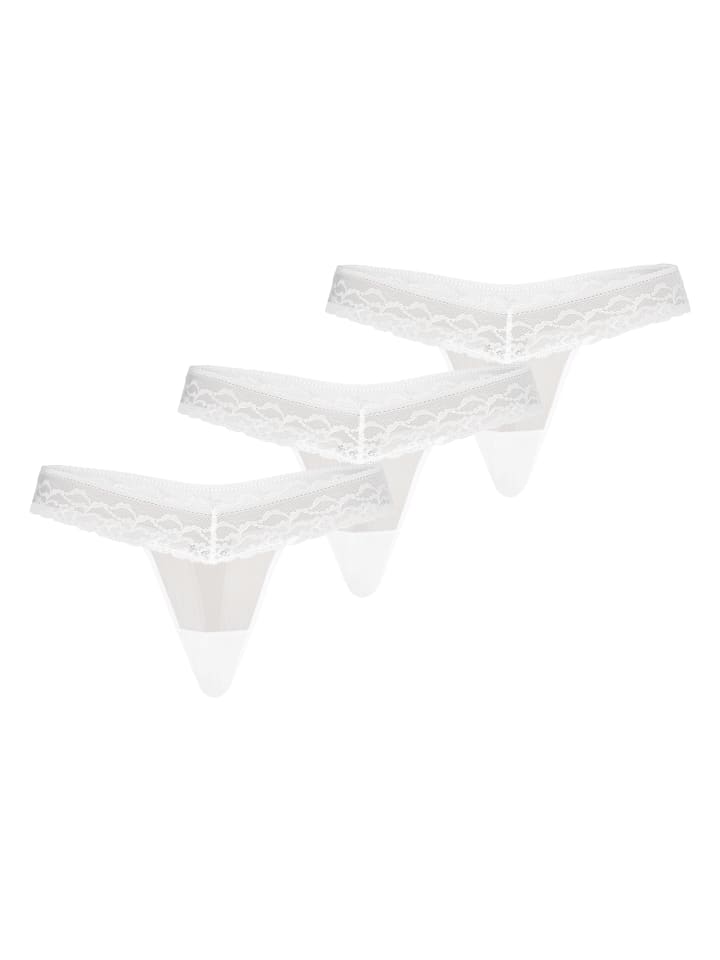 3er Pack: Mesh Tanga mit floraler Spitze Leo in weiß