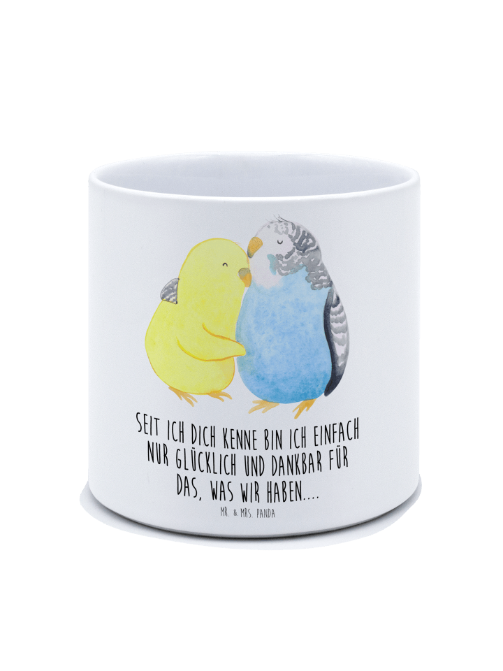 Blumentopf Wellensittich Liebe mit Spruch in Weiß