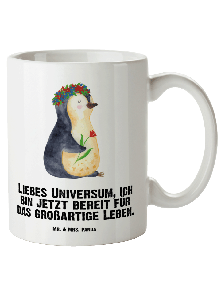 Kaffeebecher Pinguin Blumen mit Spruch in Weiß