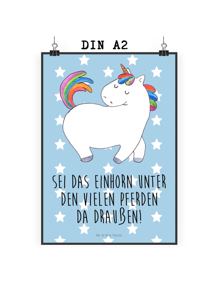 Poster Einhorn Stolzieren mit Spruch in Blau Pastell