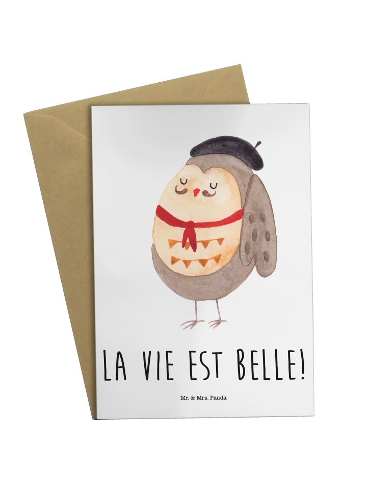 Grußkarte Eule Frankreich mit Spruch in Weiß