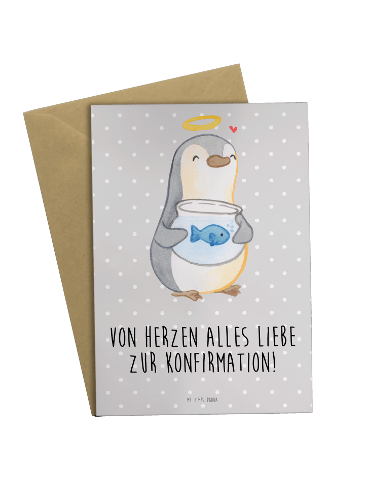 Grußkarte Pinguin Fisch mit Spruch in Grau Pastell
