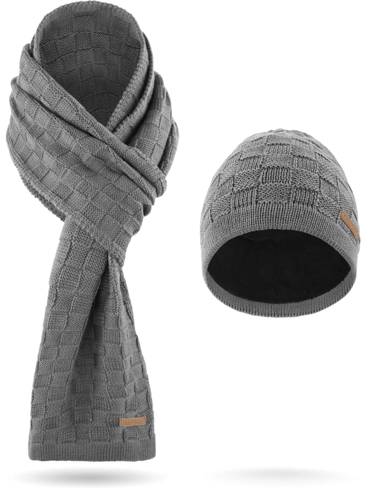 Winterset aus Merinowolle Schal und Mütze Muster Yuma in Grau