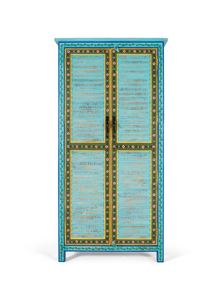 Kleiderschrank aus Mangoholz mit handgefertigtem Design 2 m hoch in Blue