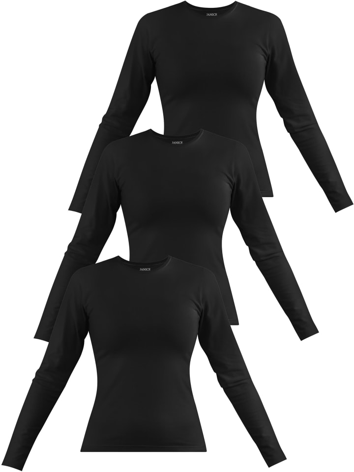 3 x Damen Langarmshirt hochgeschlossen Niska in Schwarz