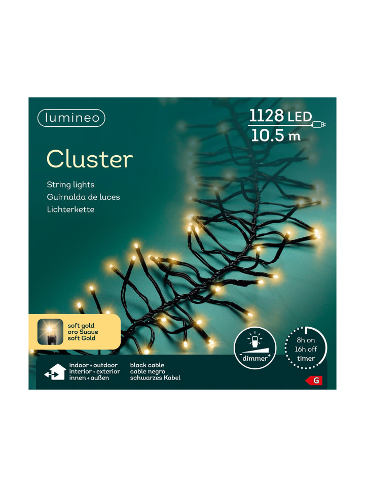 Lichterkette CLUSTER 1128 LED 10,5 m, schwarzes Kabel in Soft Gold