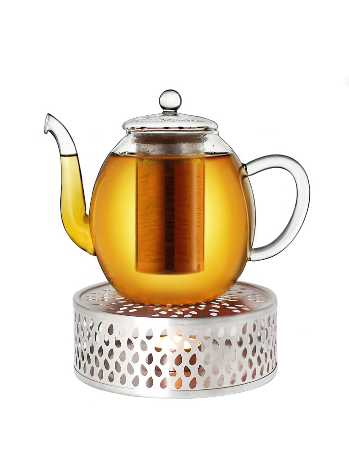 1x Teekanne 1000ml "hoch" mit  Edelstahlsieb und 1x Edelstahl-Stövchen