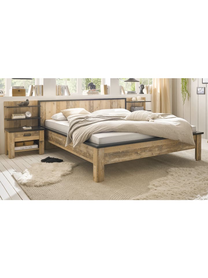 Schlafzimmer-Set 3-teilig in Used Wood hell, anthrazit, Doppelbett 180 x 200 cm