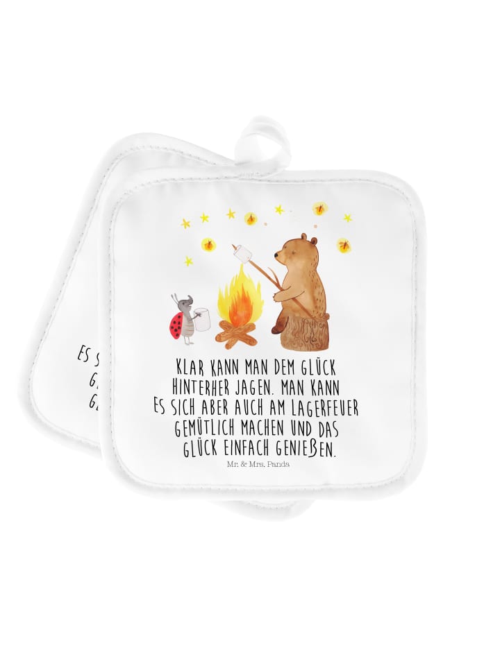 Topflappen Bär & Marienkäfer Lagerfeuer mit Spruch in Weiß