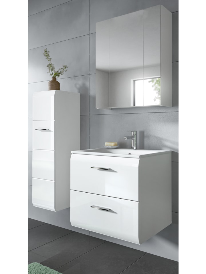 Badmöbel-Set weiß Hochglanz 3-teilig 105 cm, Komplettset inklusive Waschbecken