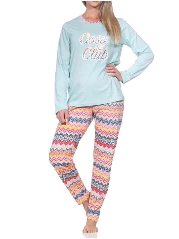 Schlafanzug Pyjama langarm Ethno Optik in hellblau