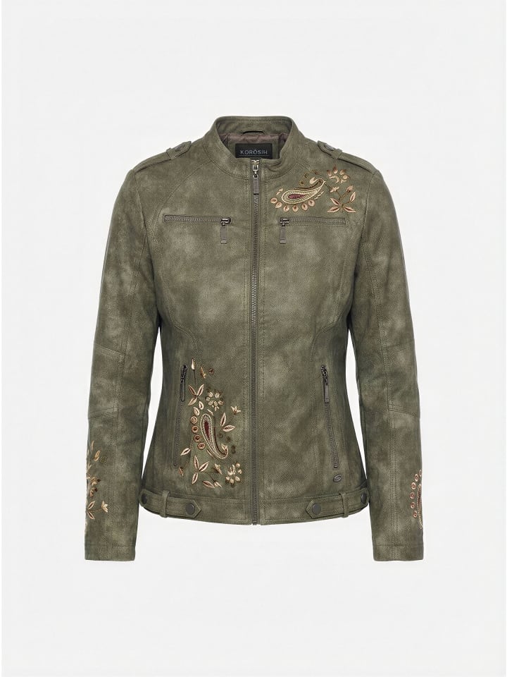 Bestickte kunstlederjacke für damen in grau