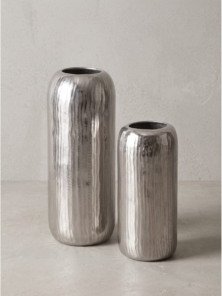 Vase 2er Set massives gebürstetes Aluminium, handgefertigt in Silber