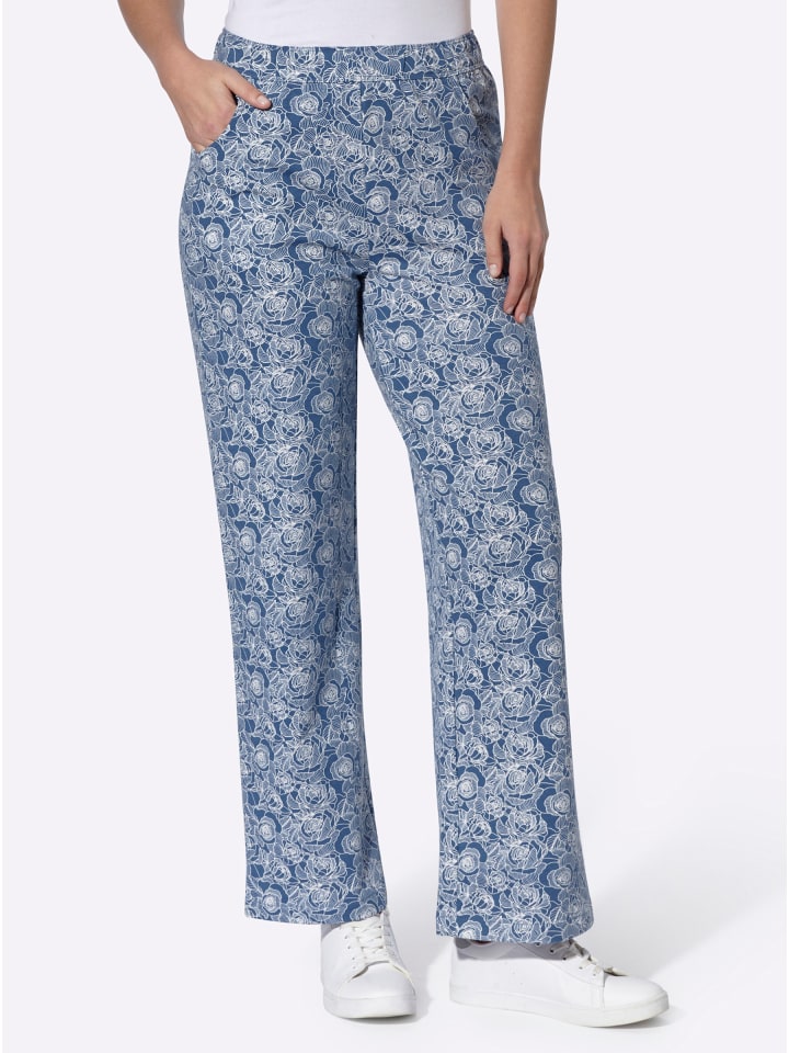 Freizeithose in jeansblau-ecru-bedruckt