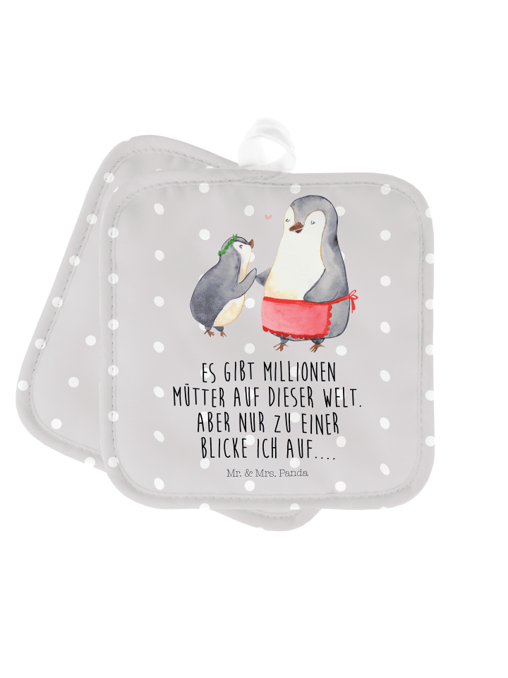 Topflappen Pinguin mit Kind mit Spruch in Grau Pastell
