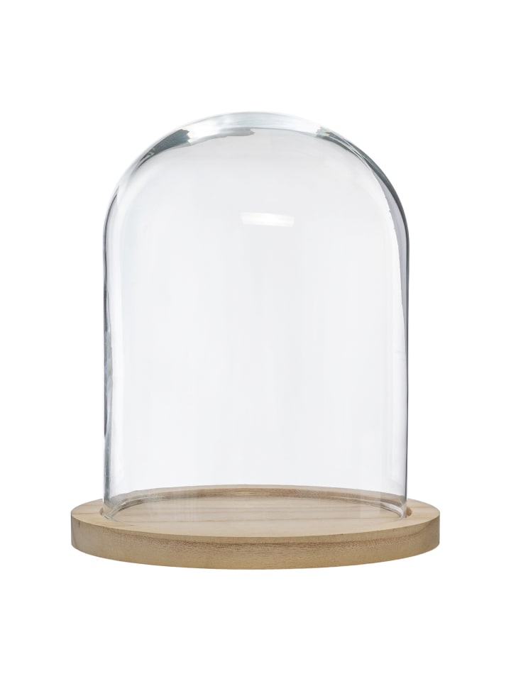 Deko-Glaskuppel, mit Holzbasis in Beige, Ø 24 cm