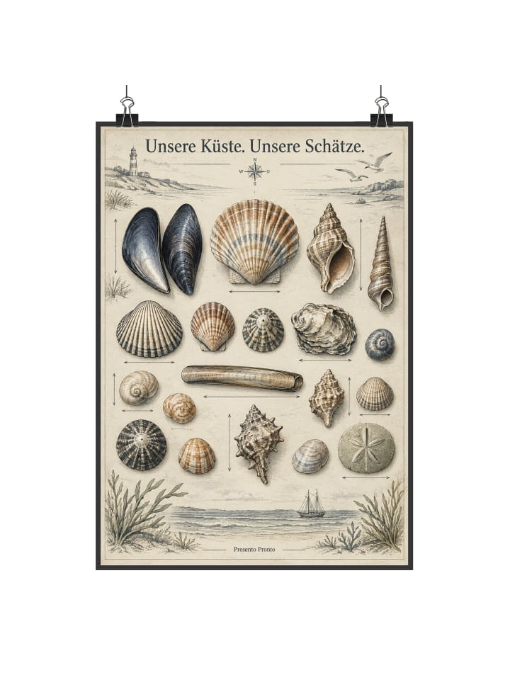 Kunstdruck Muscheln museal Design mit Spruch in Weiß