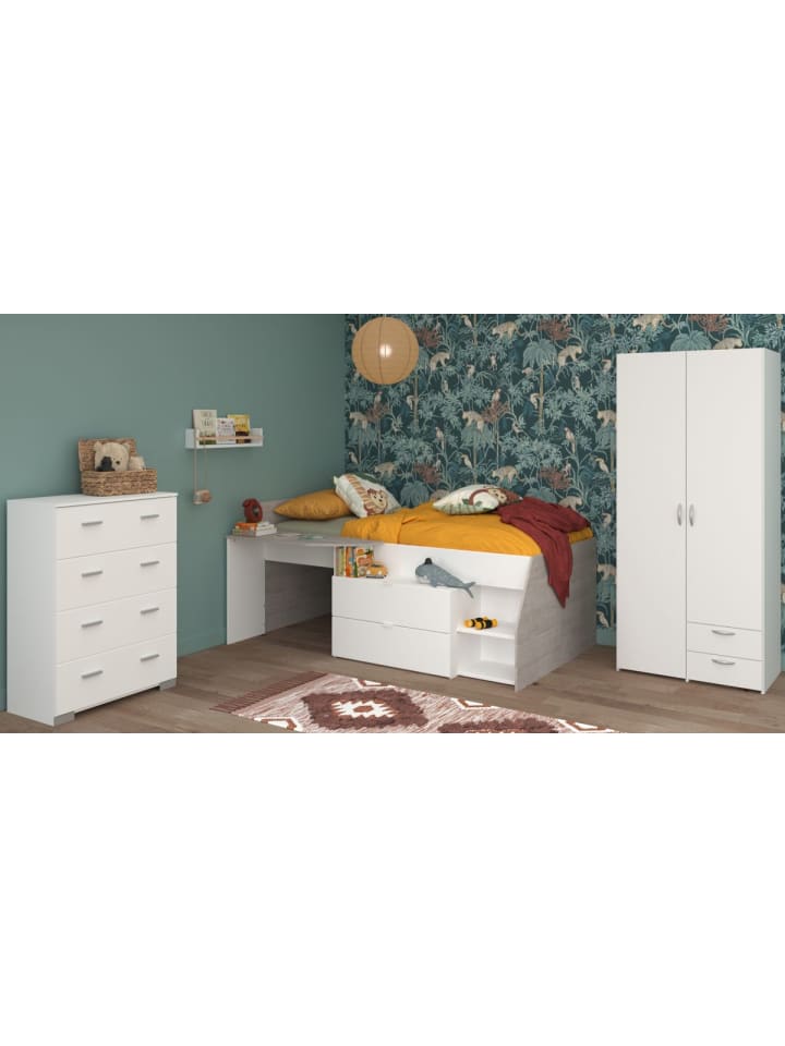 Kinderzimmer weiß, grau, Komplett-Set mit Stauraumbett, Kommode, Kleiderschrank