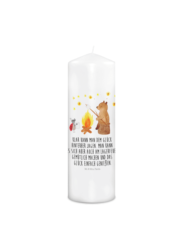 Kerze Bär & Marienkäfer Lagerfeuer mit Spruch in Weiß