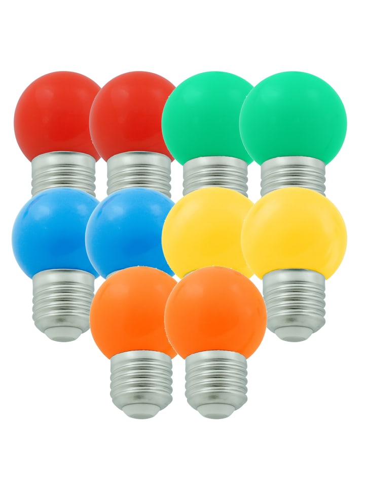 10er Set bunte LED Kugellampen 2xrot, grün blau gelb orange 1W-E27-G45