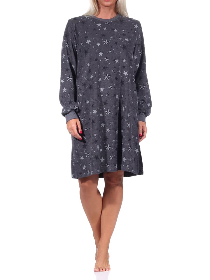 Frottee Nachthemd Bündchen Sterne Design - 69876 in anthrazit