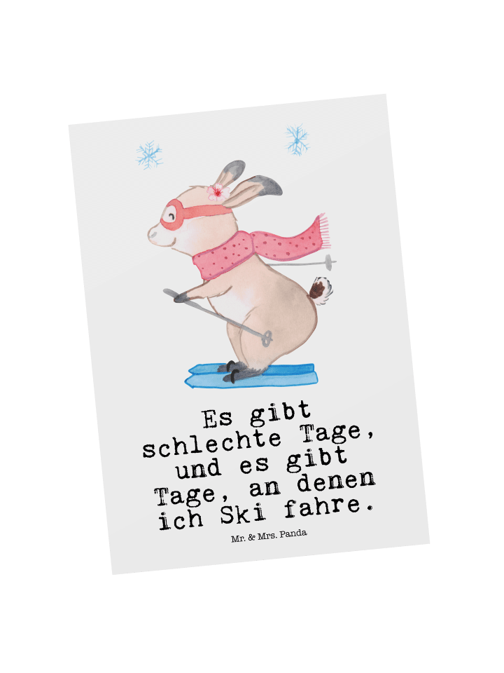 Postkarte Hase Skifahren mit Spruch in Weiß