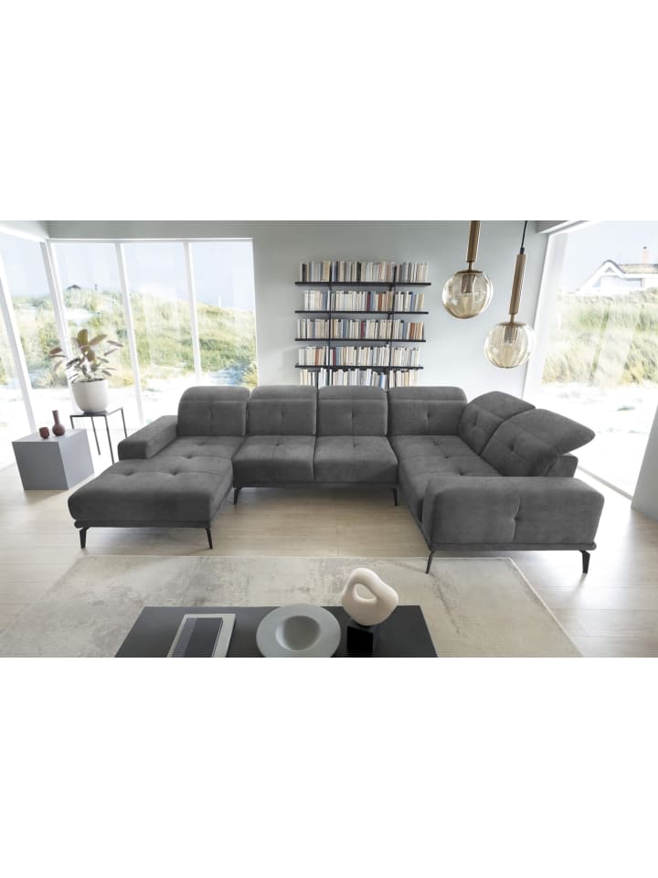 Nevido Recamiere Rechts in Charcoal - (L) 201 x (B) 350 x (H) 77 cm