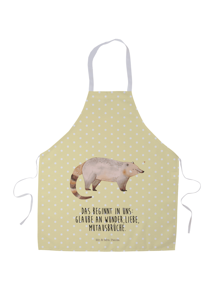 Küchenschürze Nasenbär mit Spruch in Gelb Pastell